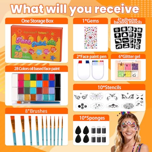 Face Painting Kit for kids, 28 Colors Oil Palette Professional Face Body Paint Kit with 10 pcs brushes, 41 stencils, 10 sponges, 6 Glitter Gel, 2 Facepaint Stick for Adults Halloween Christmas