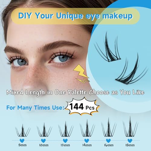 KevKev Lash Clusters Kit 144Pcs Ultra Soft Eyelash Extension Kit with Lash Bond and Seal Lash Glue Lash Remover for Cluster Eyelash Extensions (Volcano, D-8-16mix)