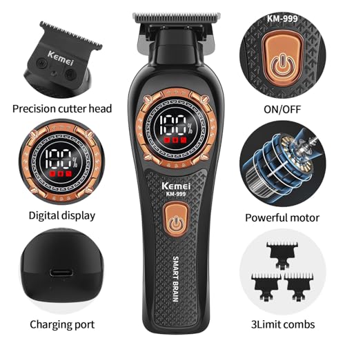 KEMEI 999 Professional Hair Clipper for Men, Cordless Electric Beard Trimmer Men, Zero Gapped T-Blade Hair Trimmer with LCD Display and 3 Guide Combs