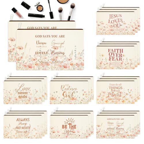 24 Pcs Christian Floral Makeup Bags Bulk for Women Bible Verse Cosmetic Bags with Zipper Inspirational Wildflower Canvas Travel Pouch Christian Gifts for Motivational Cosmetics Organizer Supplies