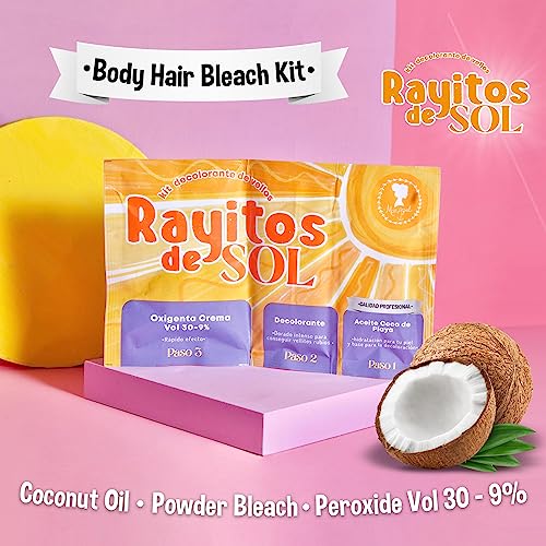 Body Hair Bleach Kit with Coconut Oil Powder Bleach Peroxide Vol 30 - 9% Itch-Free | Legs Back Abdomen Arm Hair Bleach | Skin Protection and Nourishment