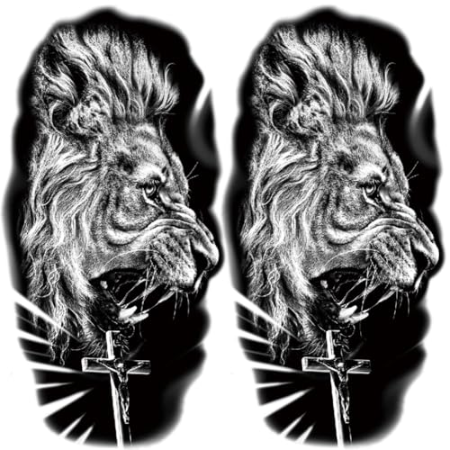 2 Sheets Realistic Animal Temporary Tattoos Stickers Black Lion Cross Designs For Men Waterproof Arm Leg Fake Body Art, Gym & Parties Bold Masculine Decals