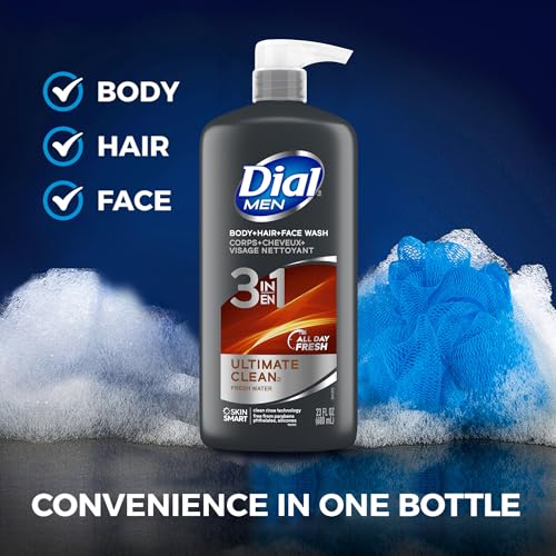 Dial Men 3 in 1 Body,Hair and Face Wash,Refresh,16 Fl Oz,Cleanses Deep + Gentle on Skin with Clean Rinse Technology,(Pack of 6)