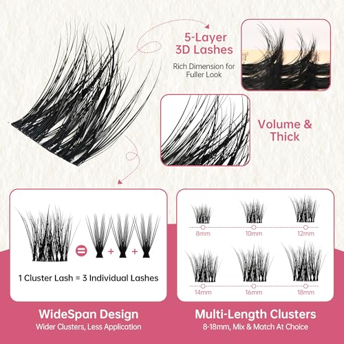 Volume and Soft Lash Clusters, Thin Fiber with 0.05mm Invisible Band,Thick DIY Salon Extensions Kit with Bond Seal Remover Tweezer,C Curl with 8-18mm Lengths,FayJoo BOLDEE 13 Kit