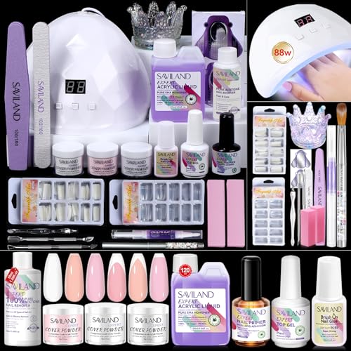 SAVILAND Acrylic Nail Kit: Professional Nails Kit Set Clear White Pink Acrylic Powder and Liquid Set with U V Nail Lamp Nail Remover for DIY Home Use