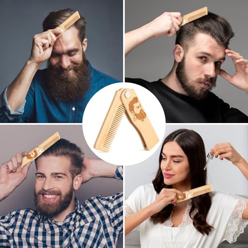 Folding Beard Comb for Men, Portable Bamboo Beard & Mustache Comb Hair Brush with Travel Pouch, Ideal Father¡¯s Day, Birthday, Christmas Gift Stocking Stuffers for Him