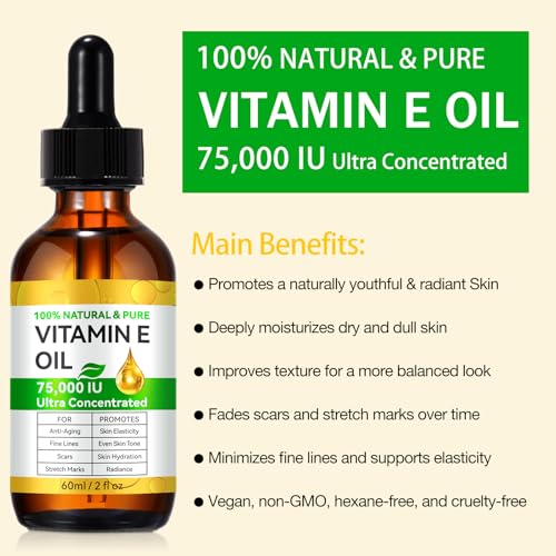 Vitamin E Oil, Pure Vitamin E Oil for Skin, Face, Hair & Scars, Vita-min e Oils 75,000 IU, Antioxidant for Dryness, Wrinkles & Stretch Marks, Moisturizing & Firming Skin, Natural Vitamin e oil, 60ML