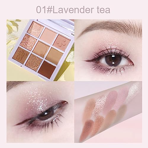 LAVENDER 9 Colors Eyeshadow Palette - Matte & Shimmer Nude Earthy Tone Glitter Long-Lasting British Tea Style Blushed With 3 Brushes