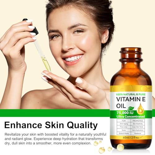 Vitamin E Oil, Pure Vitamin E Oil for Skin, Face, Hair & Scars, Vita-min e Oils 75,000 IU, Antioxidant for Dryness, Wrinkles & Stretch Marks, Moisturizing & Firming Skin, Natural Vitamin e oil, 60ML