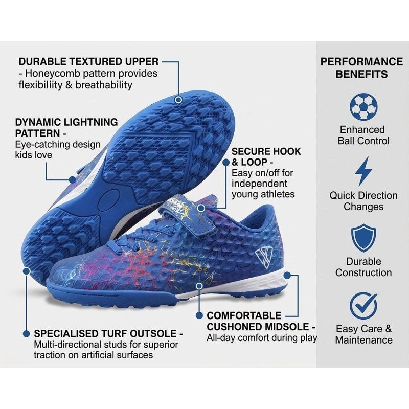 Vizari Zodiac Youth Turf Soccer Shoes with Hook & Loop, Blue, Size 5.5