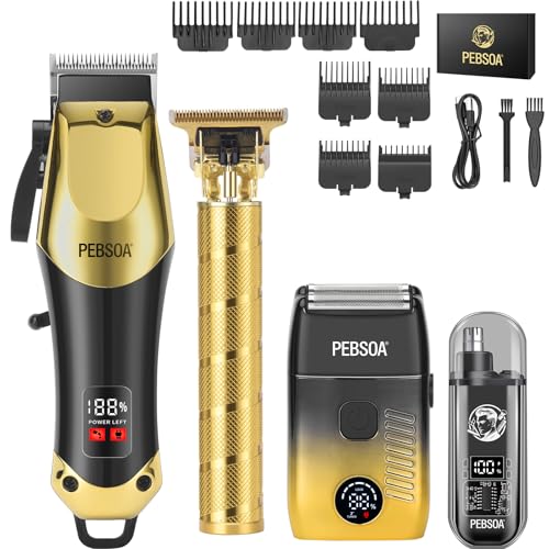 pebsoa¢ç Men's Professional Hair Clipper, Cordless Trimming Kit with Gradation Attachments, Razor & Nose Hair Trimmer 4-Piece ?All-in-One Salon & Home Grooming Set