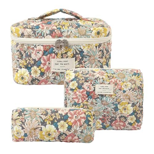 Makeup Bag, 3 PCS Quilted Makeup Bag, Cute Floral Cotton Cosmetic Bag set, Coquette Makeup Pouch Large Travel Toiletry Bag