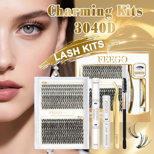 FEEGO Charming Kits 30D+40D D Fluffy Eyelash Extensions Kit, 280pcs Lash Clusters Wispy 9-16mm Applicator for Beginners, Individual Lashes, Lash Bond, Seal Glue, Remover (3040D Charming Kit)