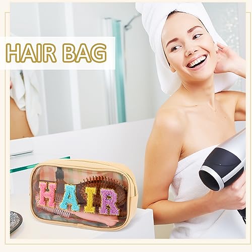 4 Pieces Chenille Letter Cosmetic Bag Set Nylon PVC Clear Waterproof Makeup Pouch Stuff Hair Travel Bag Zipper Multi Purpose Aesthetics Toiletry Organizer for Women Gym Travel Beach (Classic Colors)
