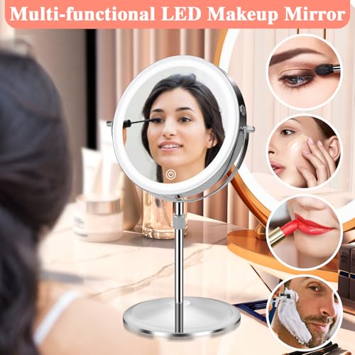 Lighted Makeup Mirror with Magnification, 10X 8¡¯¡¯Rechargeable Double Sided Vanity Mirror with Lights Magnifying Makeup Mirror with 3 Color Light with 360¡Æ Rotation, Detachable Base