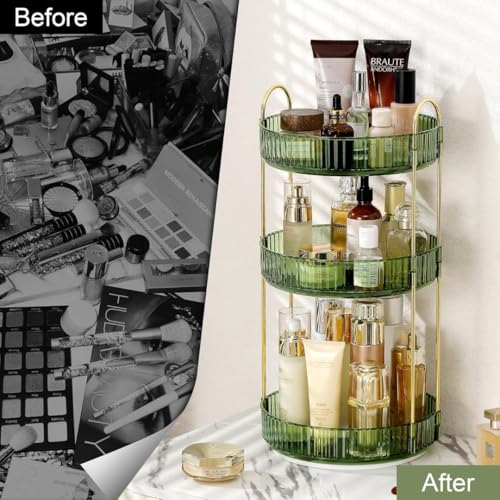 360¡Æ Rotating Makeup Organizer, 3 Tier Spinning Cosmetic Organizer for Vanity & Bathroom Countertop, Holds Tall Skincare Bottles, Perfume & Beauty Accessories ? Clear Green
