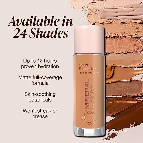 Mineral Fusion Full Coverage Foundation, Liquid Foundation - Neutral 4- Medium Complexion w/Neutral Undertones, Lightweight Matte Finish, Up to 12 Hr Hydration, Hypoallergenic & Vegan, 1 fl. oz