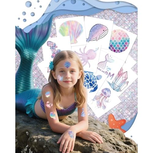 SUNAI Mermaid Party Favors - 100 Style Pre-Cut Mermaid Temporary Tattoos(2x2 Inch) Perfect for Under The Sea Themed Birthday Party Decorations, Supplies, Goodie Bag Fillers