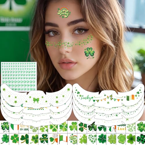 Glitter Freckles Face Tattoo, St Patrick's Day Glitter Shamrock Temporary Tattoos with Green Face Gems, Faux Freckles Saint Patricks Day Accessories Makeup Art Decorations Gift for Women