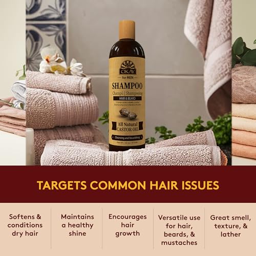 OKAY for MEN Castor Oil Hair & Beard Shampoo - Hydrating Shampoo for Healthy Hair & Beard Growth, Moisturizing Care, Strengthen & Restore Damage, Natural, Sulfate-Free - 16 Oz