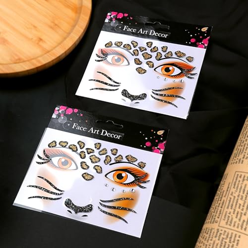 Glitter Leopard Face Jewels Halloween Temporary Tattoo Stickers Animals Face Gems Jewels Self-Adhesive Halloween Dress Up Sticker for Festival Holiday Party Accessories 2PCS