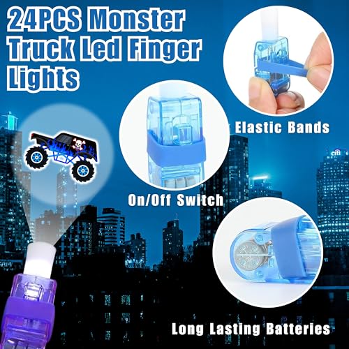 72 PCS Monster Truck Party Favors ? 48 PCS Luminous Tattoos & 24 PCS LED Finger Lights Combo ? Birthday Goodie Bag Fillers, Party Supplies, Gifts Light Up Toys Glow In The Dark for Boys and Girls