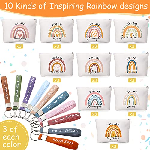 Fumete 60 Pcs Inspirational Gifts Bulk for Women Employee Appreciation 30 Inspirational Rainbow Canvas Makeup Bag 30 Motivational Keychains Thank You Gifts Bulk for Administrative Secretary Volunteer