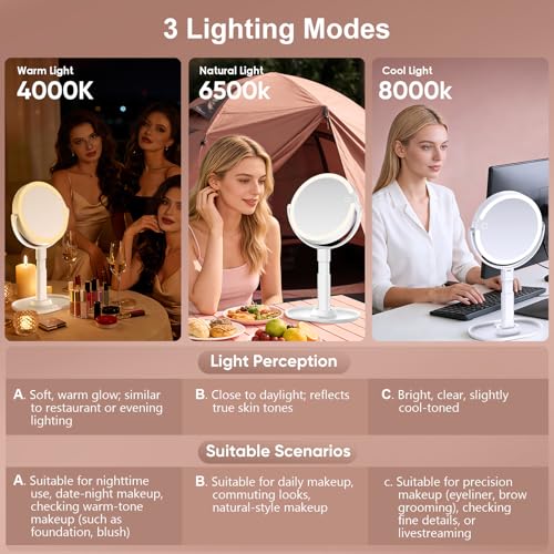 Lighted Makeup Mirror with 10X Magnification, Rechargeable LED Magnifying Vanity Mirror with 3 Lights, Adjustable Height, Storage Base and Phone Holder, Gift for Women, White, 7 inch