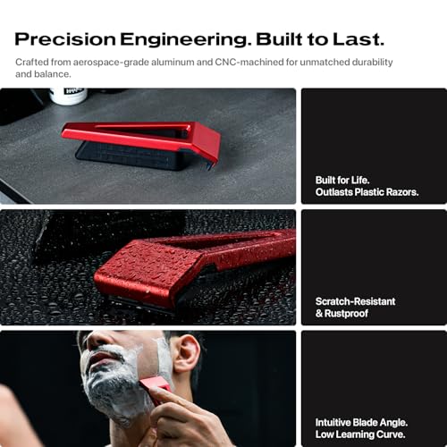 HYPE X1 Aluminum Single Edge Safety Razor Set - Magnetic Comfort (C), Sensitive (S) & Ultra-Close (UC) Shave Settings, 20 Non-Proprietary Blades - Adjustable Shaving Razors For Men and Women - Red