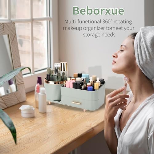 Beborxue 360¡Æ Rotating Makeup Organizer for Vanity with Drawers, Large Capacity Cosmetic Display Case, skincare organizer, Cosmetic Organizer for Lipstick, Skincare, Brushes, Eyeshadow, (Green)