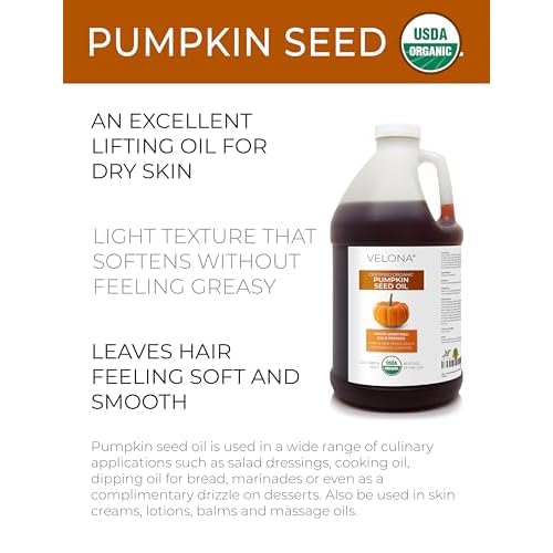 velona Pumpkin Seed Oil USDA Certified Organic - 1 Gallon / 128 Fl Oz | 100% Pure and Natural Carrier Oil | Unrefined, Cold Pressed | Cooking, Face, Hair, Body & Skin Care | Use Today - Enjoy Result