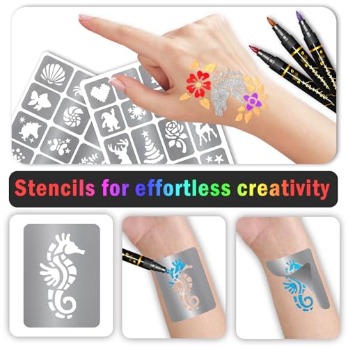 Temporary Tattoo Markers for Kids and Adults, 12 Metallic Markers and 155 Tattoo Stencil Designs, Cosmetic Tattoos Pens for Party Favor Gift and Face Painting