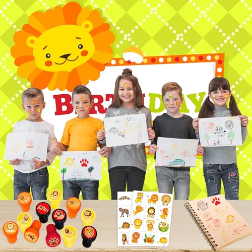 36PCS Lion Party Favors - 24PCS Pre-Cut Temporary Tattoos & 12PCS Stamps - Ideal Safari Jungle Animal Themed Birthday Card Decorations Supplies Goodie Bag Kids Gifts Classroom Rewards Prizes