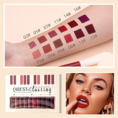 12Pcs Nude Matte Liquid Lipstick Set, Waterproof Long Lasting Non-Stick Cup Nude Brown Dark Red Purple Lipstick 24 Hour Matte Lipstick Professional Lip Makeup Valentine's Day Gift for Women (Set A)