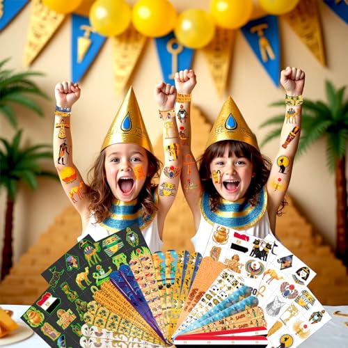 96 PCS Ancient Egypt Party Favors Set ? 72 Pre-Cut Temporary Tattoos & 24 Slap Bracelets, Perfect for Egyptian-Themed Events, Travel-Inspired & Ancient History Gifts