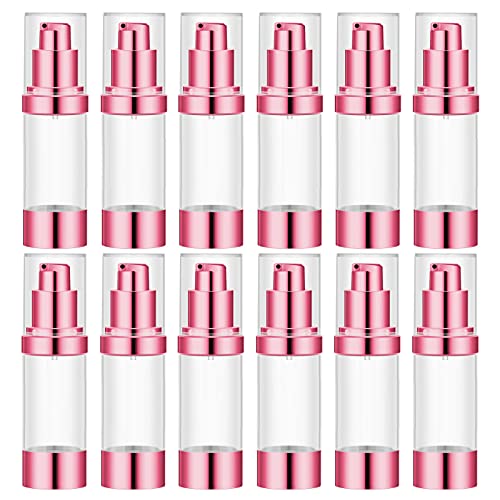 Lil Ray 1 OZ Refillable Airless Pump Bottle, Travel Lotion Container, Plastic Cosmetic Dispenser (12PCS,Rose Red)