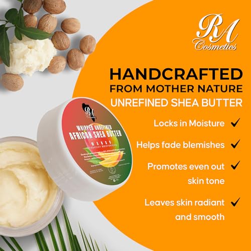 RA COSMETICS Whipped Shea Butter with Mango Extract ? 100% Unrefined Shea Body Butter from Ghana ? Moisturizes Skin, Nourishes & Conditions Hair, Scalp ? Softens and Smooths Lips, Hands & Feet ? 12oz