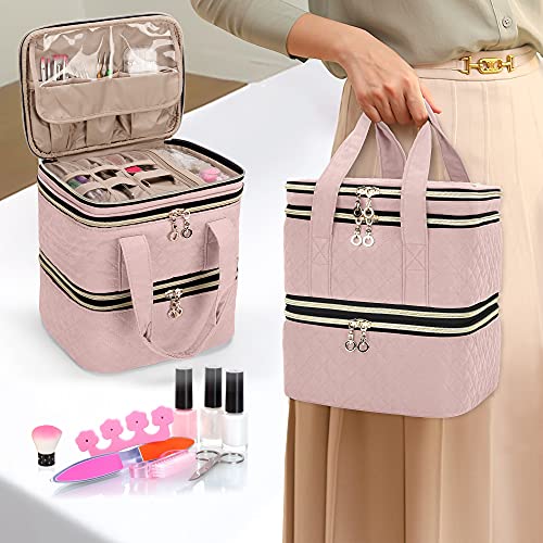 Yarwo 3 Layers Nail Polish Organizer Holds 48 Bottles (15ml/0.5 fl.oz), Detachable Nail Polish Case with Adjustable Dividers, Travel Case for Manicure Set, Dusty Rose (Bag Only, Patent Pending)
