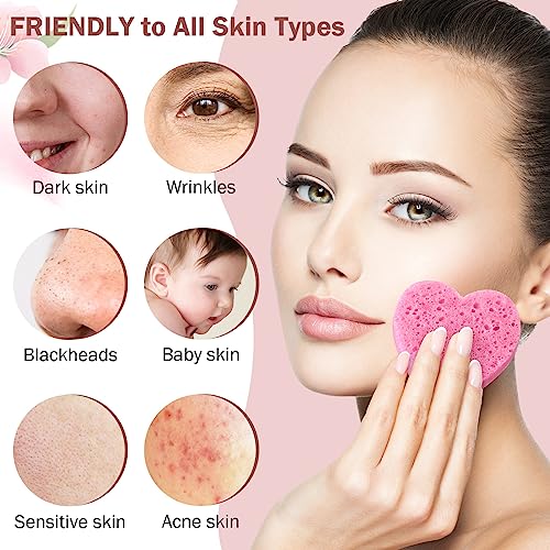 Dandat 300 Count Compressed Facial Sponges Heart Shape Face Sponges for Cleansing Natural Facial Exfoliating Pads for Estheticians(Pink)