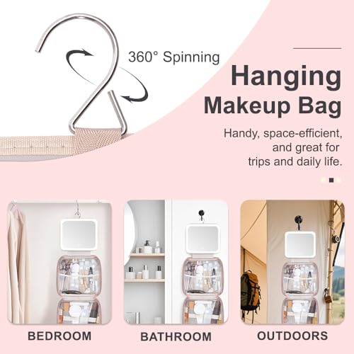 Glint&Glide Travel Makeup Bag with LED Lighted Detachable Mirror, Tri-light Dimmable - Hanging Multi-Compartment Organizer for Women, Portable Cosmetic Case with Four Divided Storage, Pink