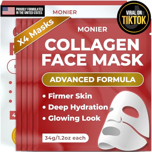 MONIER Collagen Face Mask | Bio-Collagen Real Deep Mask, Overnight Sheet Mask for Glass Skin, Facial Beauty Korean Skin Care - For Dry & Sensitive Skin (4 Pack)