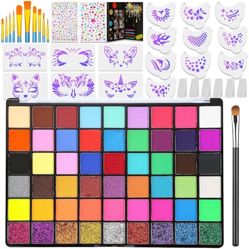 Professional Face Painting Kit for Kids and Adults ? 54 Color Water Activated Cosplay Makeup Kit, Non-Toxic Body Paint with Stencils, Gems, Brushes? for Halloween FX, Bday Parties, School Event