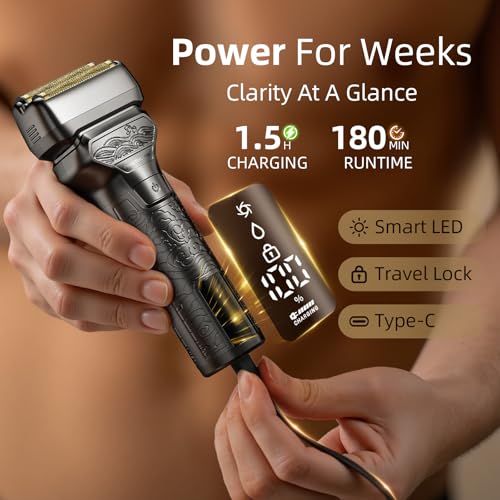 Electric Razor for Men with Pop-Up Trimmer: Rechargeable Cordless Foil Shaver for Face - Wet/Dry/Anti-Slip Waterproof Shavers with LED Display - Metal Handheld Design Light Gray
