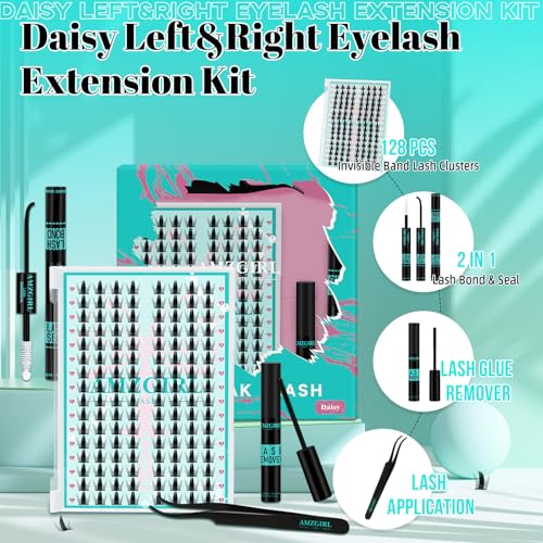 Lash Clusters Kit 128PCS Left & Right Lashes Cluster Kit with Wide Band Eyelash Clusters,White Eyelash Bond and Seal,Lash Remover and Tweezer for Cluster Eyelash Extensions(Daisy,D-12mm)