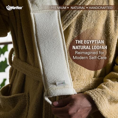 Waritex Natural Egyptian Loofah Back Scrubber for Shower, Extra-Long Exfoliating Strap Made with Natural Egyptian Loofah Fibers, Deep Cleaning Body Sponge for Men and Women ? Soft Cotton Handles