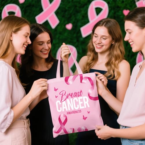 Blosssound 12 Pcs Breast Cancer Awareness Gift Bulk Tote Bags and Cosmetic Pouches Set Pink Ribbon Canvas Reusable Bags for Survivor Gifts Fundraiser Giveaways Charity Walks Awareness Events