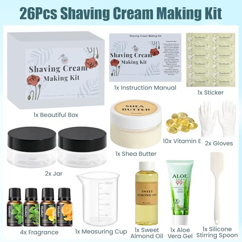 Shaving Cream Making Kit- DIY Natural Shave Cream for Mens, Sensitive Hair Removal Cream with Shea Butter, Sweet Almond Oil, Smooth & Silky Shaving Soap Christmas Gifts for Men, Boyfriend