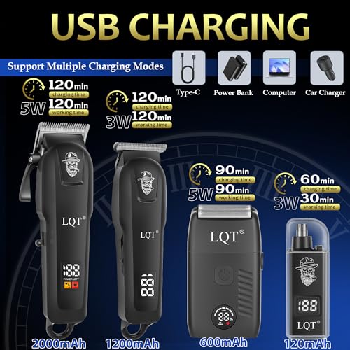 Hair Clippers for Men, 4-Piece Professional Grooming Kit Includes Hair Clipper, LED Power Display,Detail Trimmer and Nose Trimmer, Complete Cordless Set for Home Barber Use (Black)