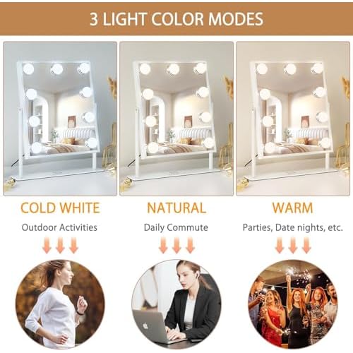 FENCHILIN Vanity Mirror with Light Lighted Makeup Mirror Vanity Makeup Mirror Smart Touch Control 3Colors Dimable Light Detachable 10X Magnification 360¡ÆRotation(White)