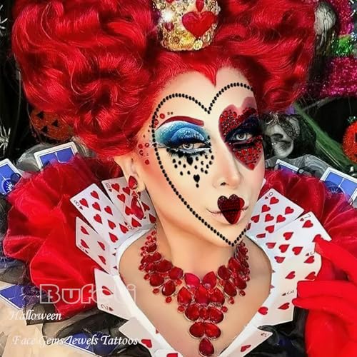 2 Pcs Halloween Face Gems Jewels Tattoos Day of The Dead Queen of Heart Makeup Peach A Women Face Rhinestone Crystal Stickers Face Eye Tattoos for Halloween Cosplay Festival Rave Party Outfit